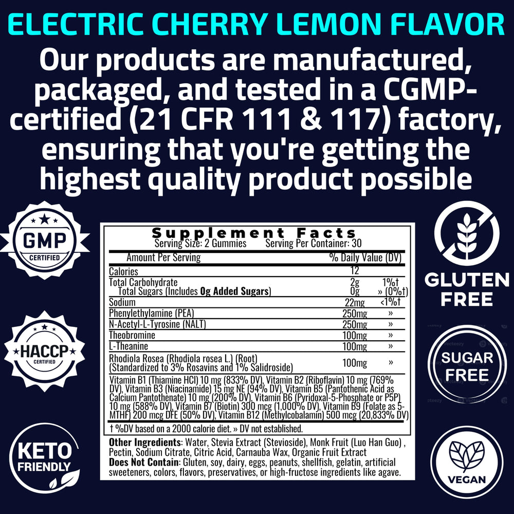 Gummies bottle shown with monk fruit and stevia sweeteners