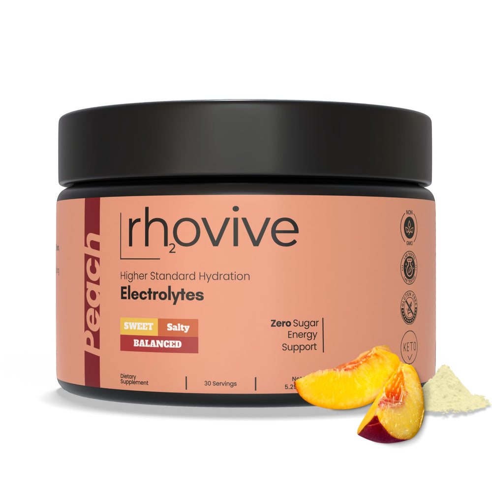 Rhovive Electrolyte Powder bottle ready for on-the-go hydration