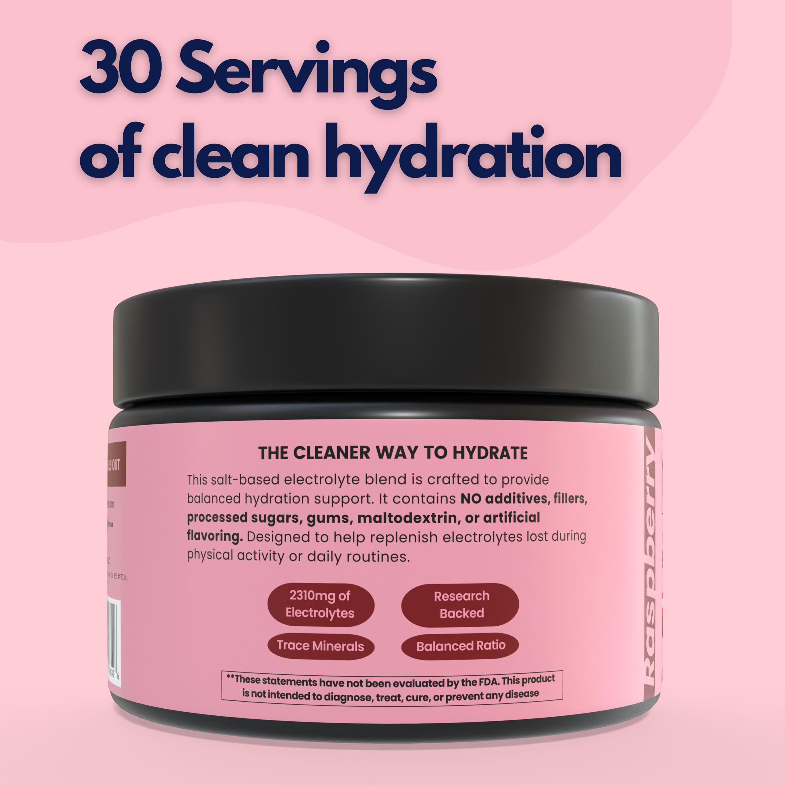 Rhovive Electrolyte Powder Raspberry mineral blend close-up signals trace minerals.