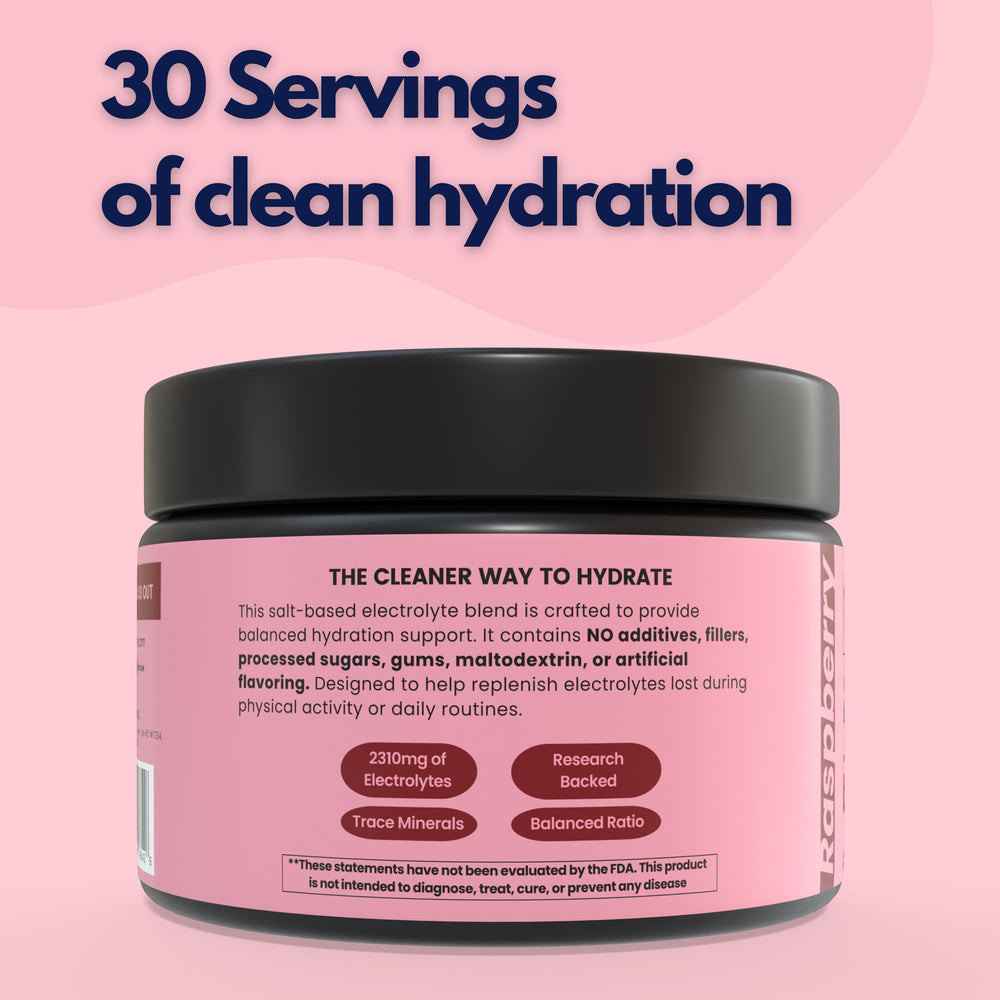 Rhovive Electrolyte Powder Raspberry mineral blend close-up signals trace minerals.