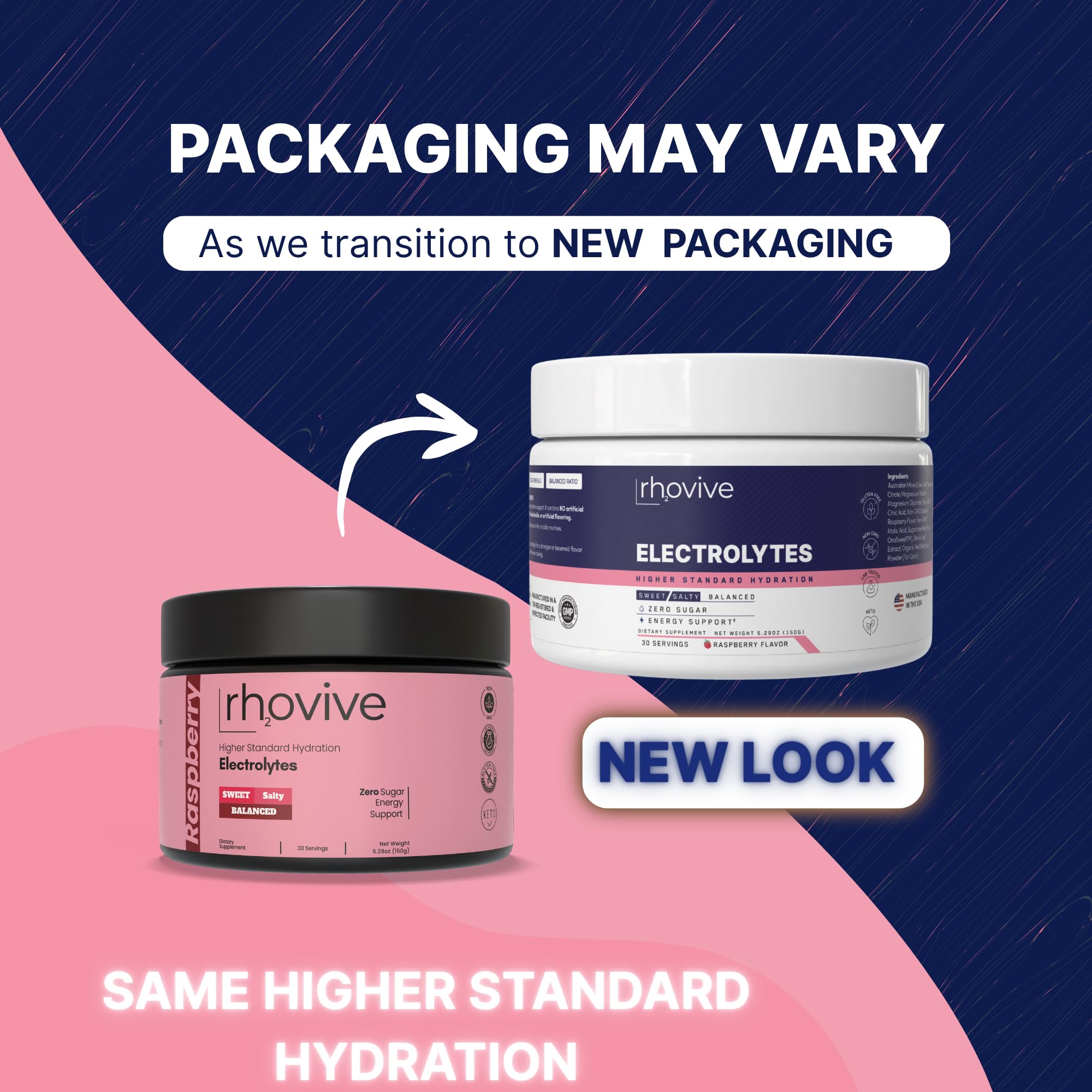 Rhovive Electrolyte Powder Raspberry scoop pours into glass for rapid electrolyte replenishment.