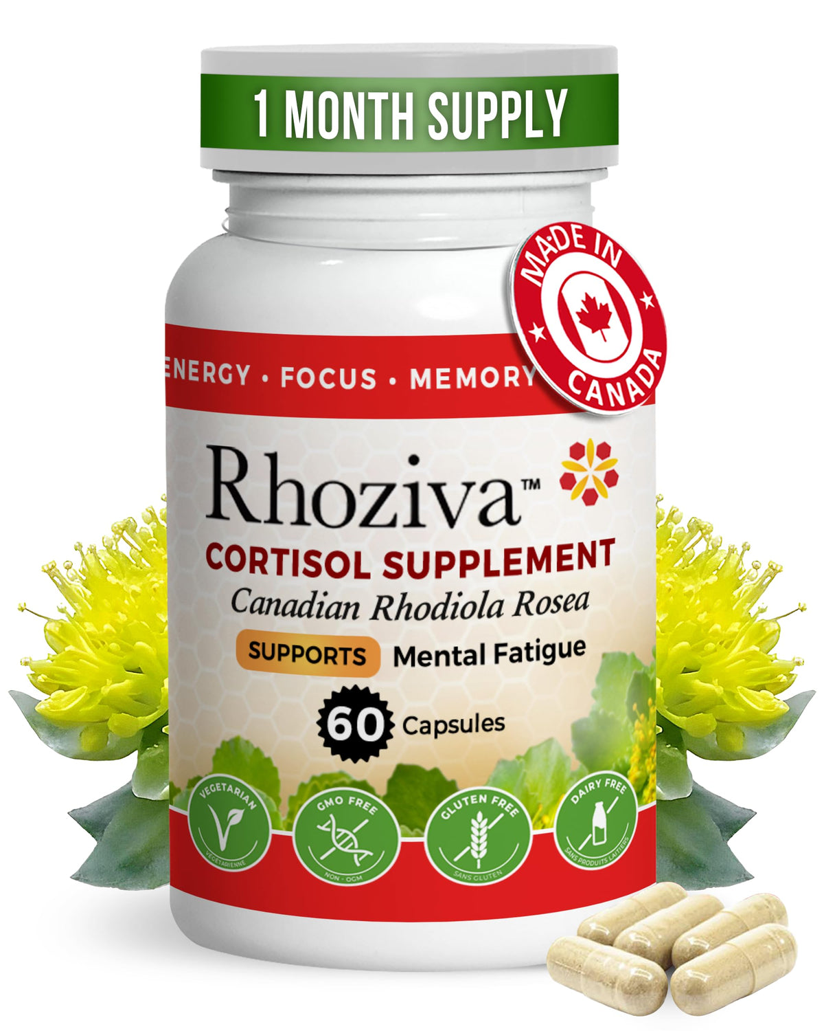 Rhoziva Rhodiola Rosea 60-capsule bottle front view