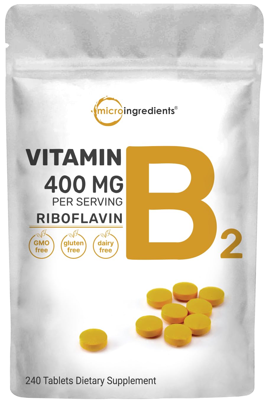 Riboflavin B2 400mg mini tablets bottle label close-up