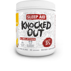 Front view of Rich Piana Knocked Out Sleep Aid Powder canister with Honey Lemon Tea flavor