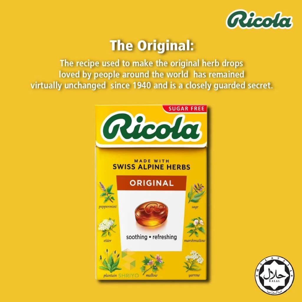 Front view of Ricola Sugar Free Herb Drops 45g Pack of 10