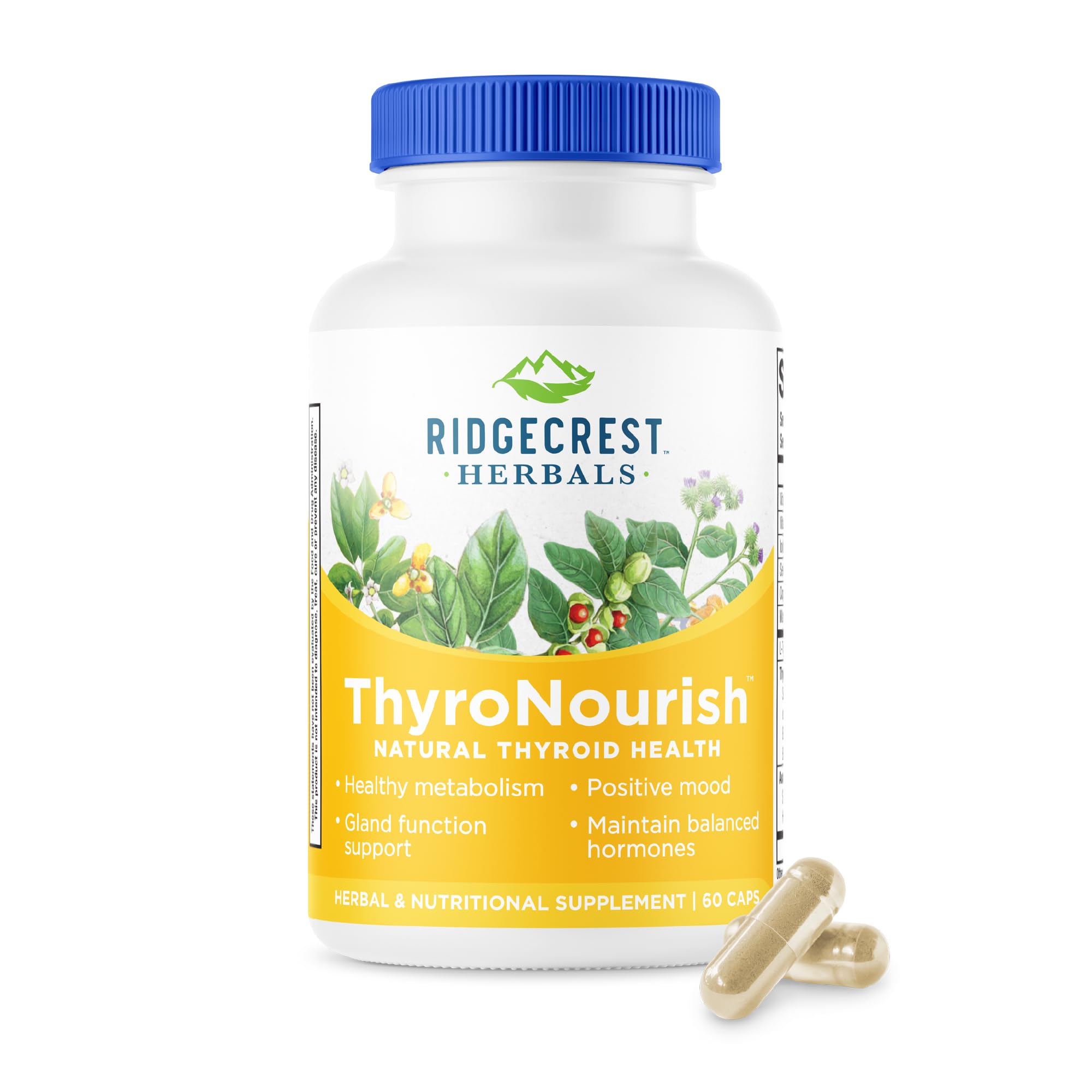 RidgeCrest Herbals ThyroNourish bottle-front enhances daily energy and focus.