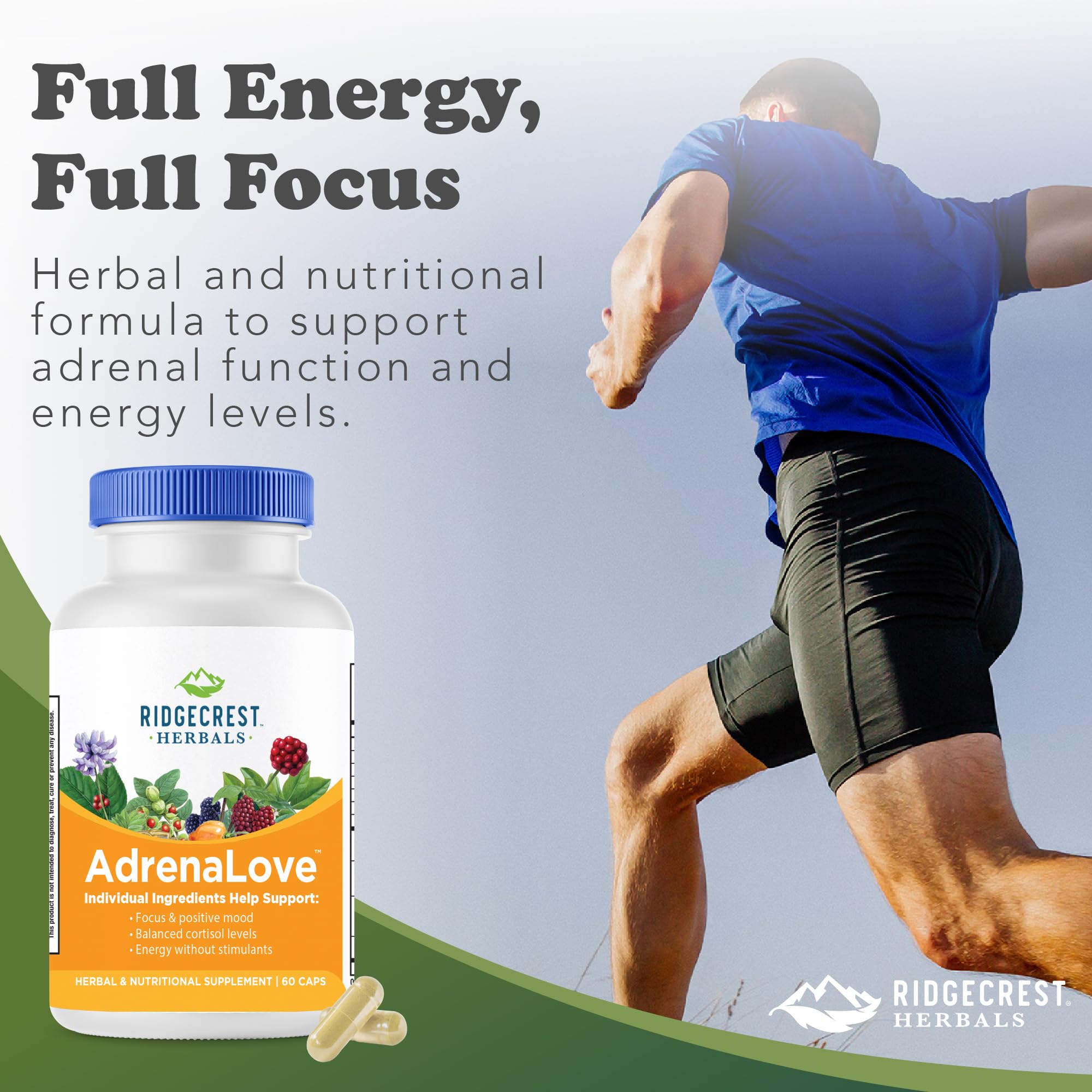 Six vegan capsules of AdrenaLove next to ingredients