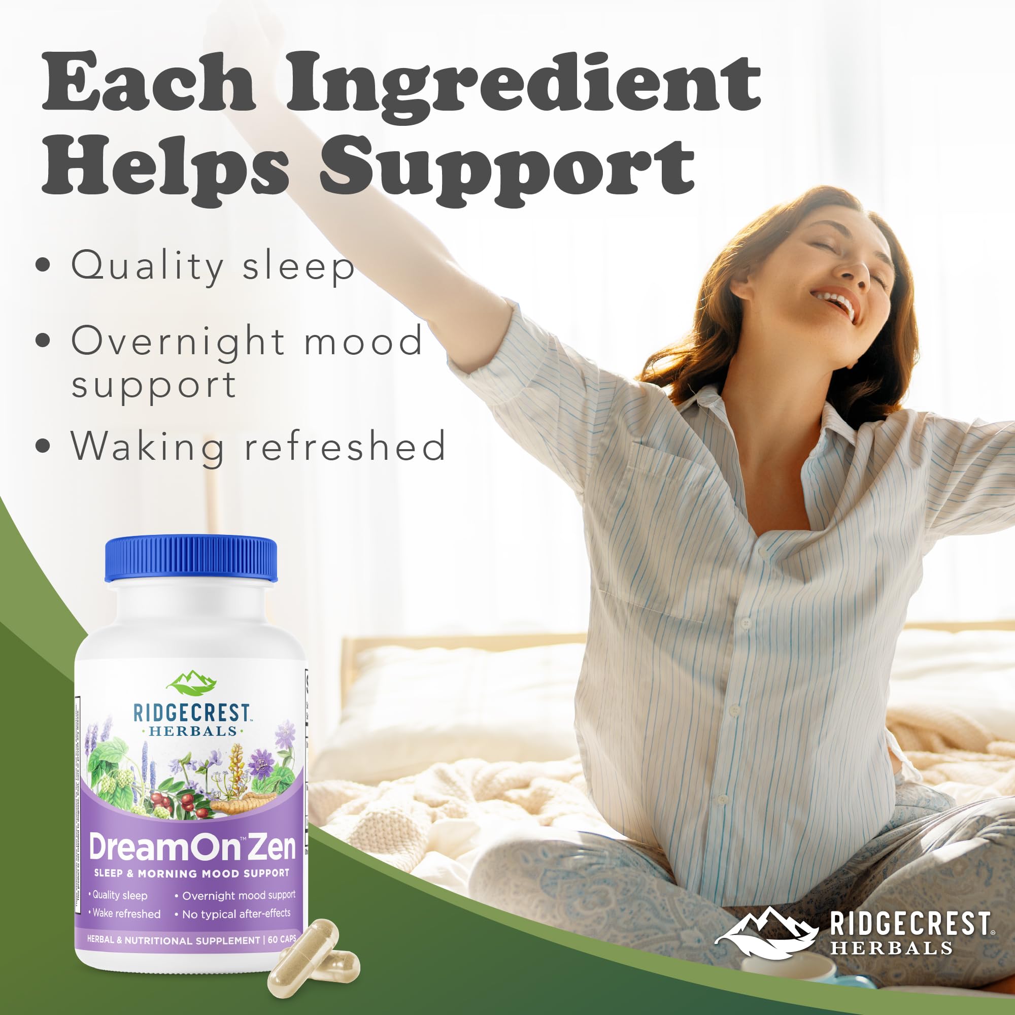 DreamOn Zen ingredients graphic showing melatonin-free formula