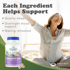 DreamOn Zen ingredients graphic showing melatonin-free formula