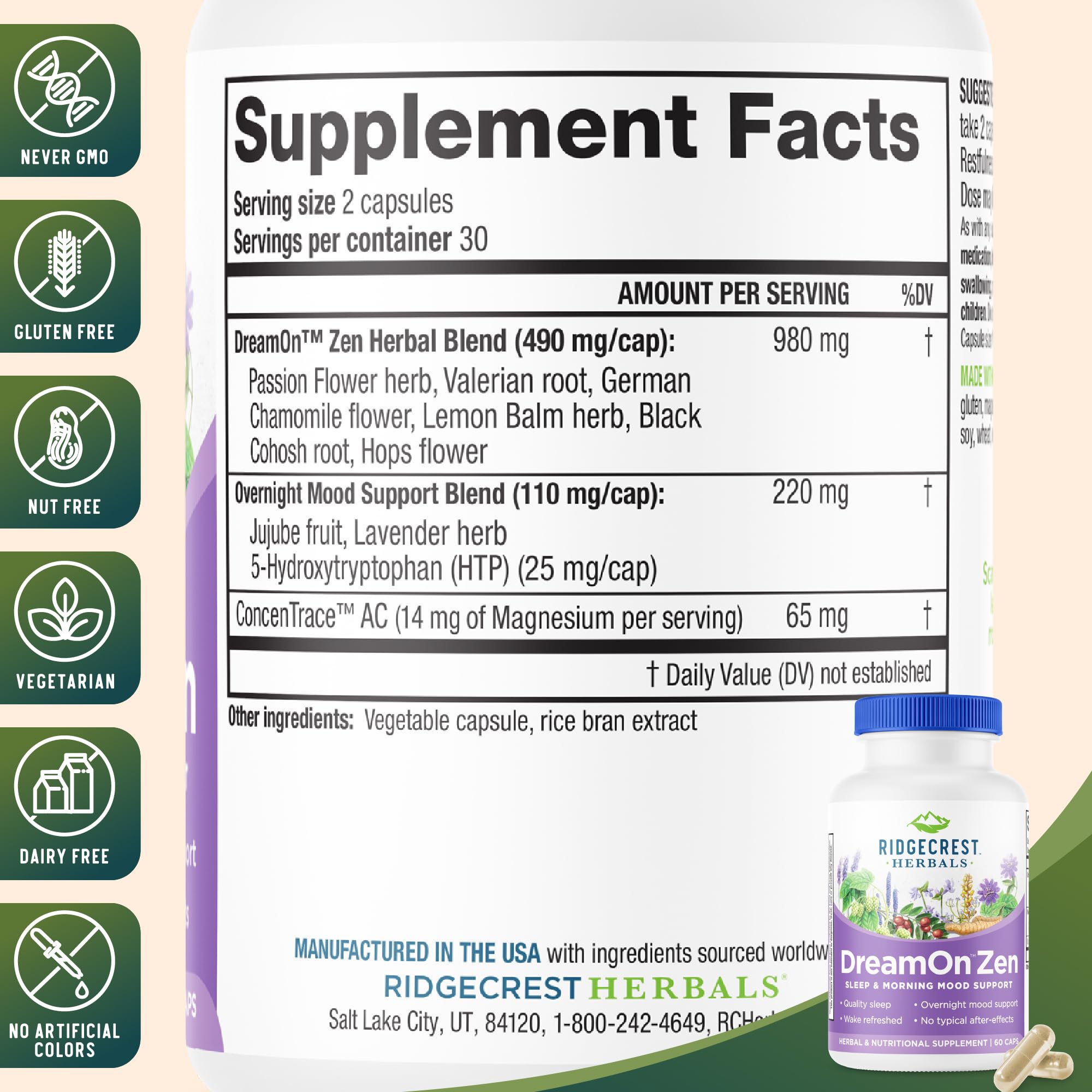 DreamOn Zen bottle label indicating melatonin-free formula