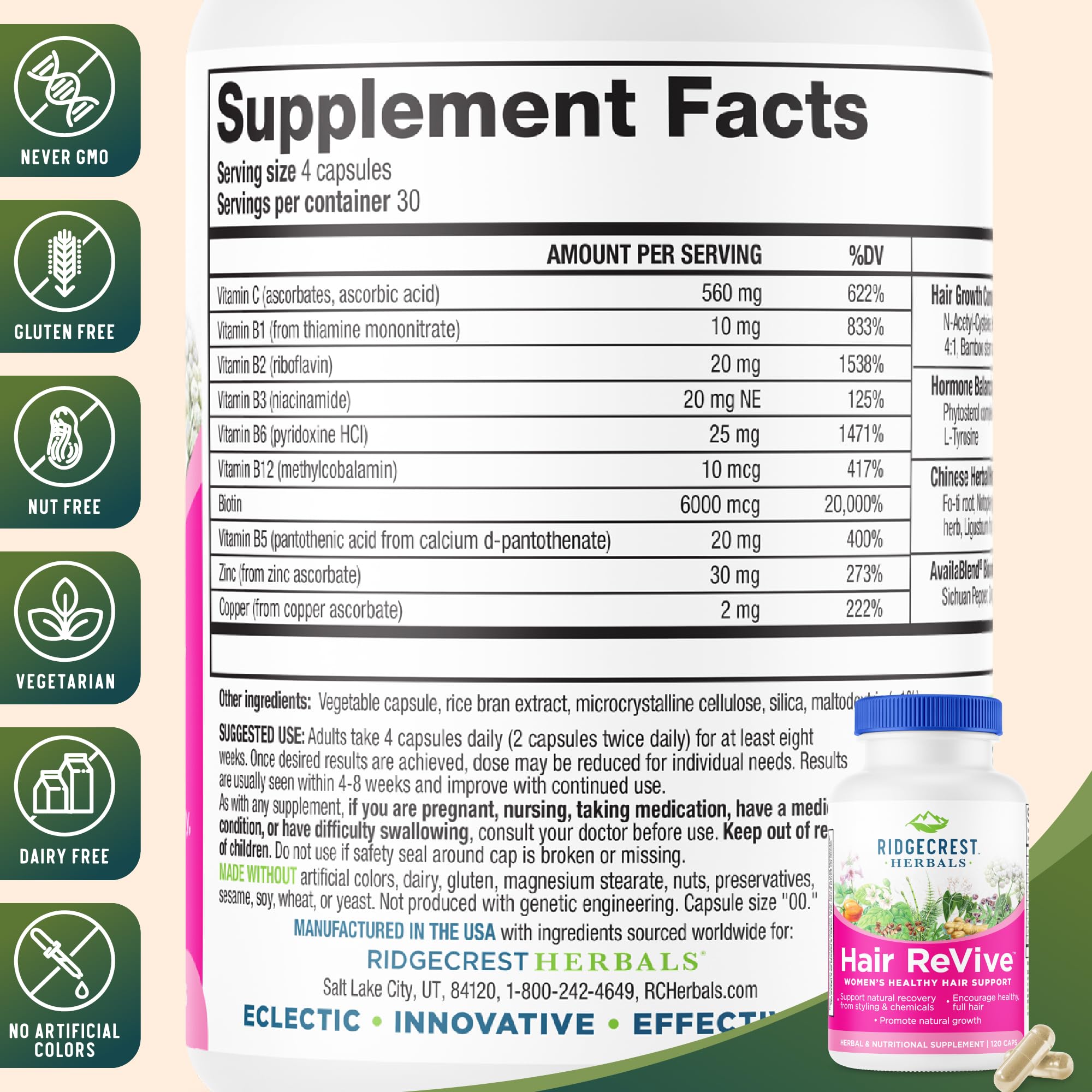 Close-up of RidgeCrest Hair ReVive bottle with capsules