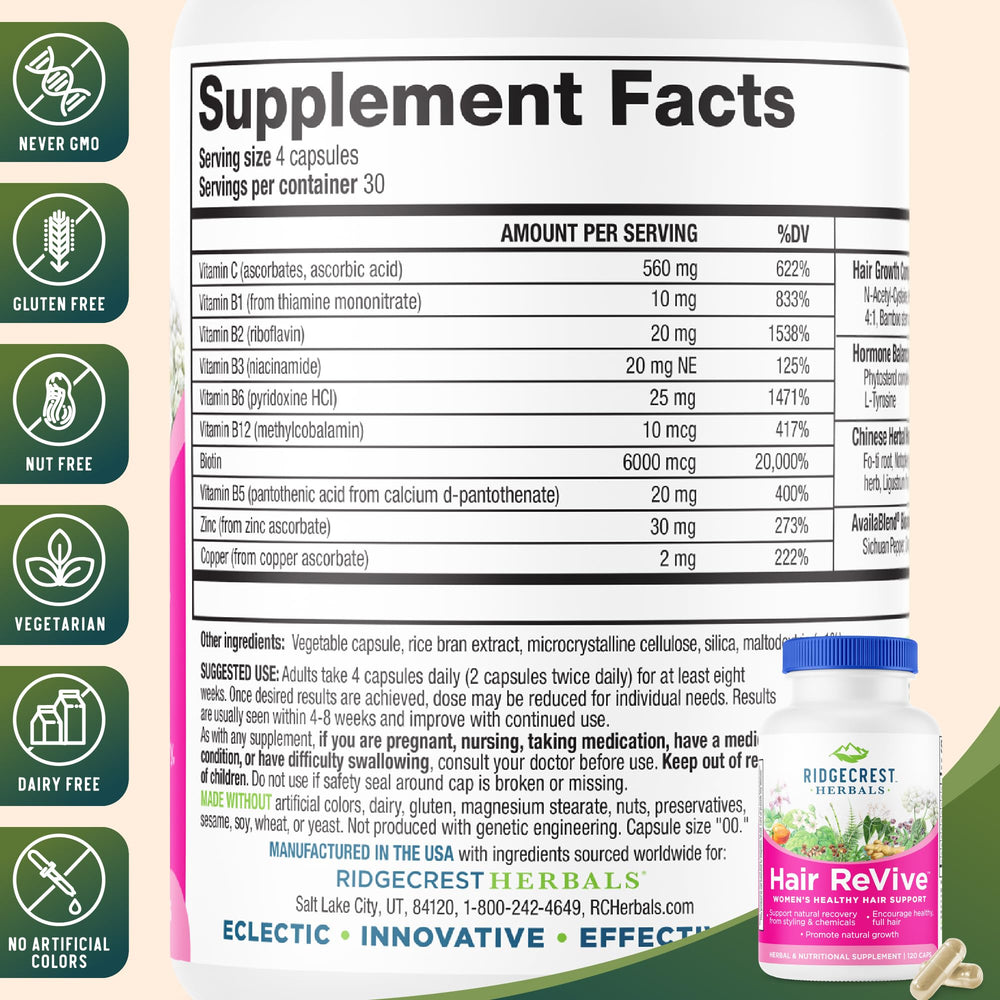 Close-up of RidgeCrest Hair ReVive bottle with capsules