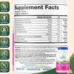 Close-up of RidgeCrest Hair ReVive bottle with capsules