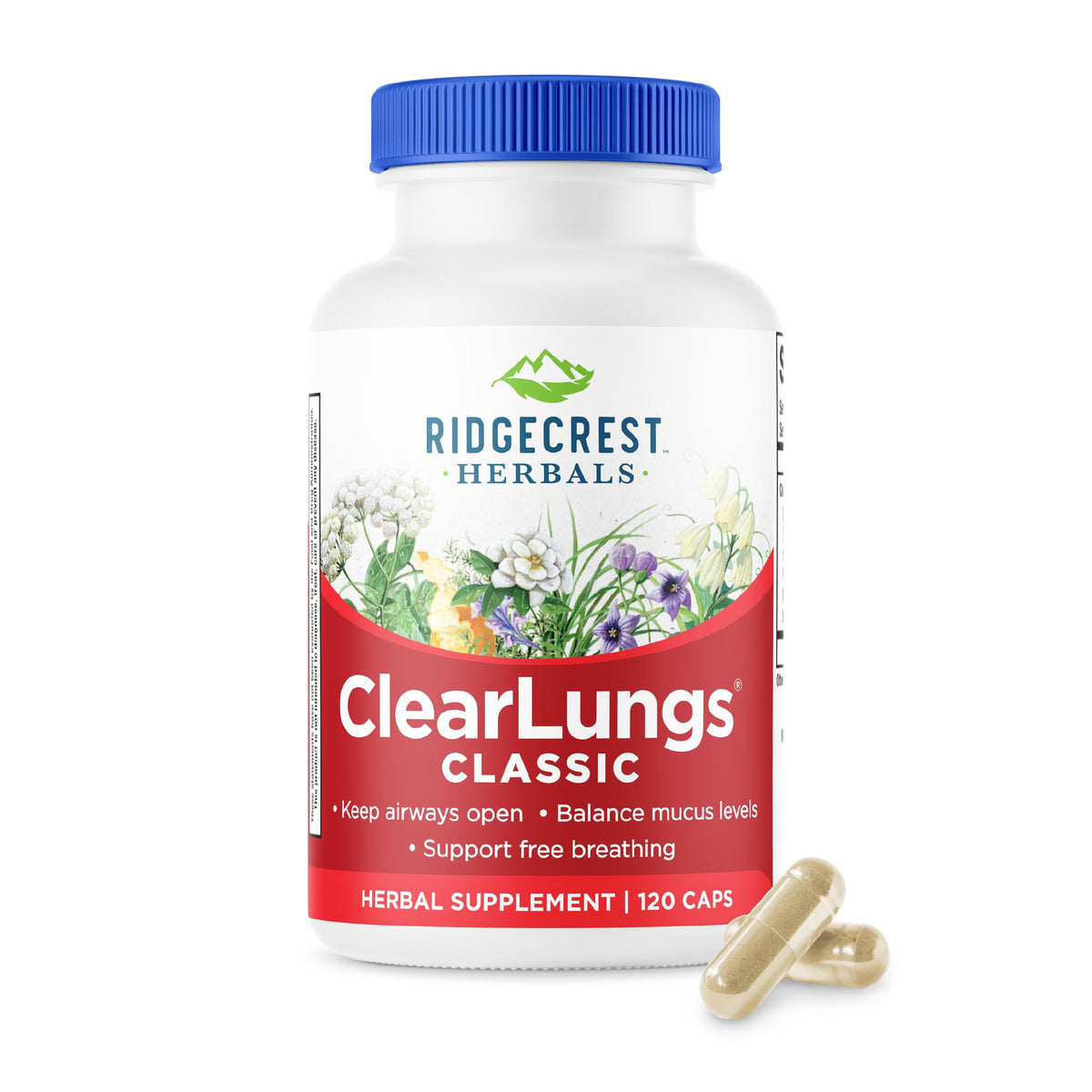 Bottle of Ridgecrest Herbals ClearLungs Classic 120 capsules