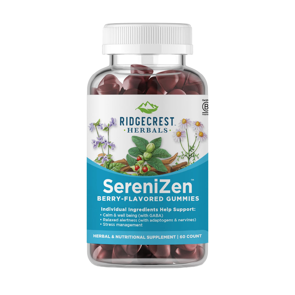 Front bottle view of RidgeCrest SereniZen Gummies with Ashwagandha, GABA, and Chamomile