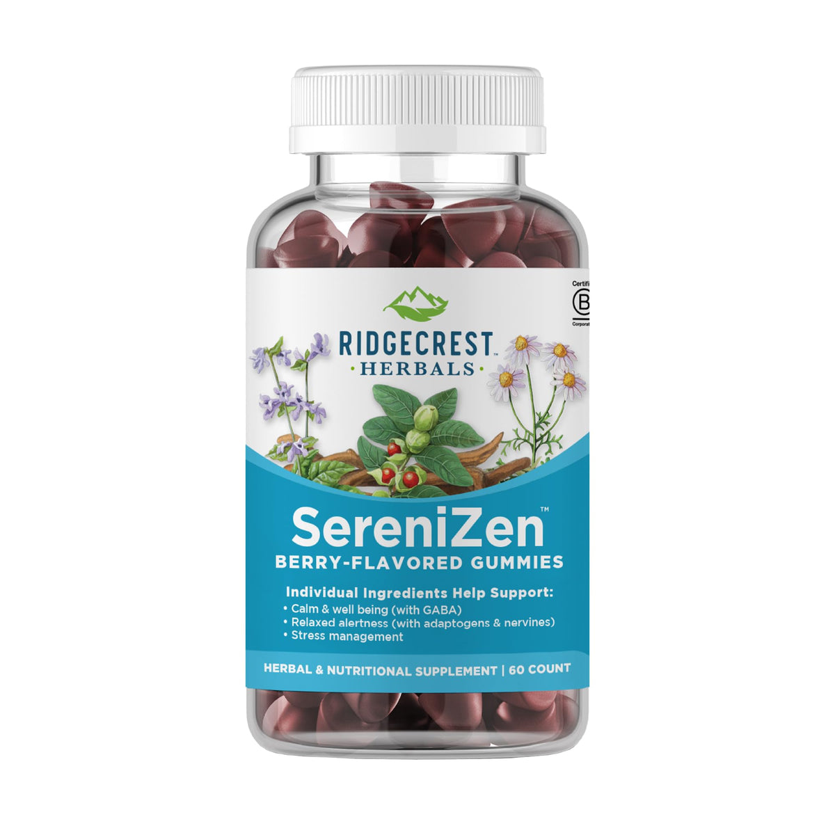 Front bottle view of RidgeCrest SereniZen Gummies with Ashwagandha, GABA, and Chamomile