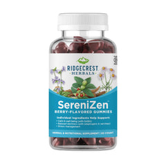 Front bottle view of RidgeCrest SereniZen Gummies with Ashwagandha, GABA, and Chamomile