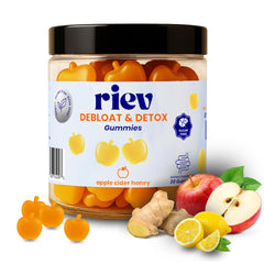 riev front packaging showing bottle and flavor, clear benefits for daily gut support