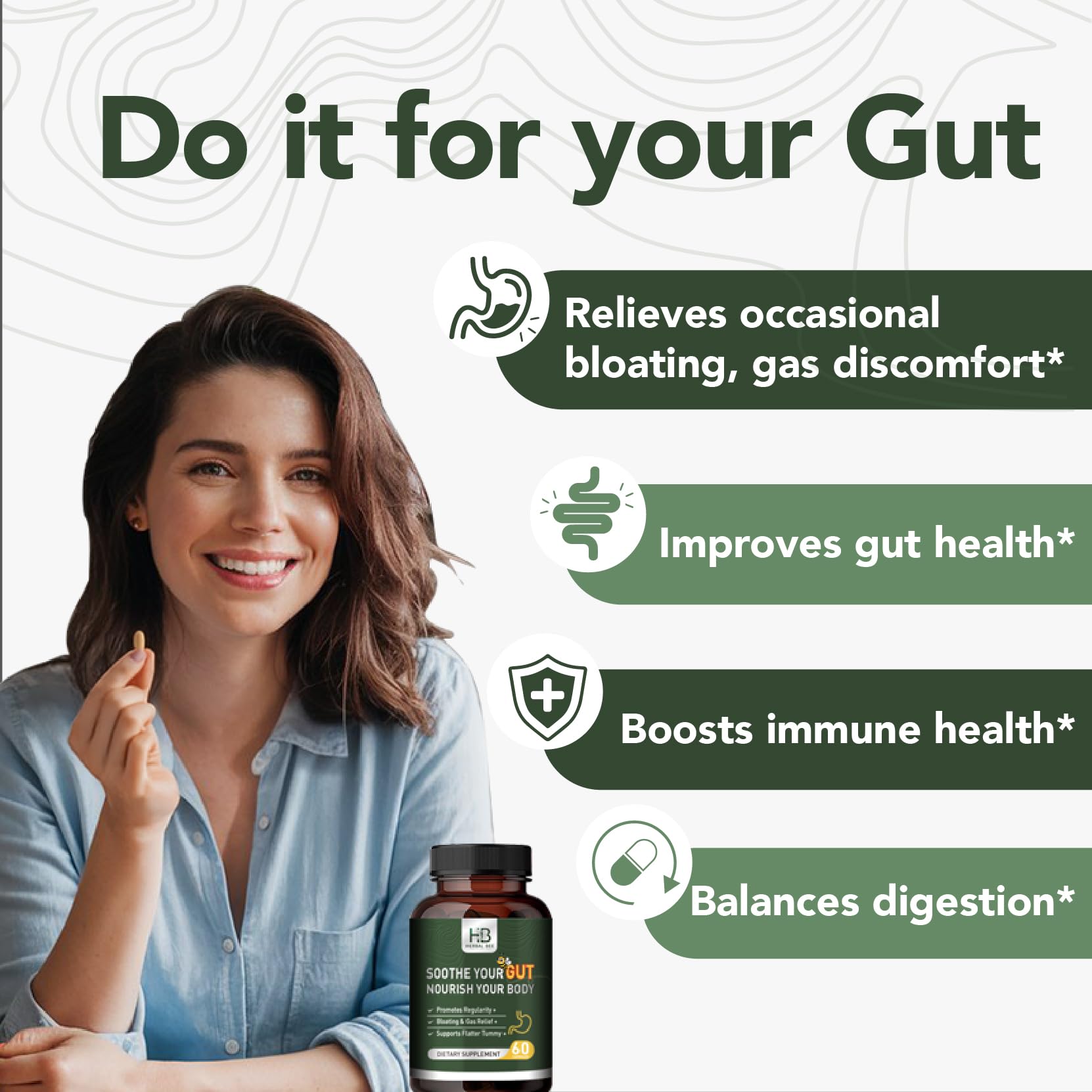 Rigma Herbal BEE gut illustration communicates leaky gut repair and digestive balance.