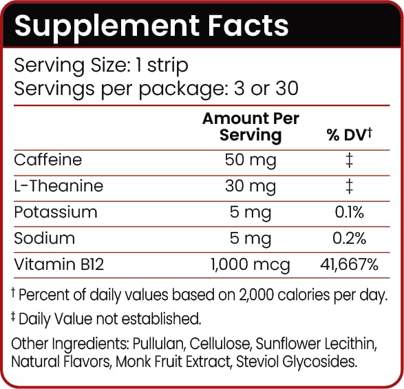 Key ingredients: caffeine, L-Theanine, and Vitamin B12 on Riize Energy Strips