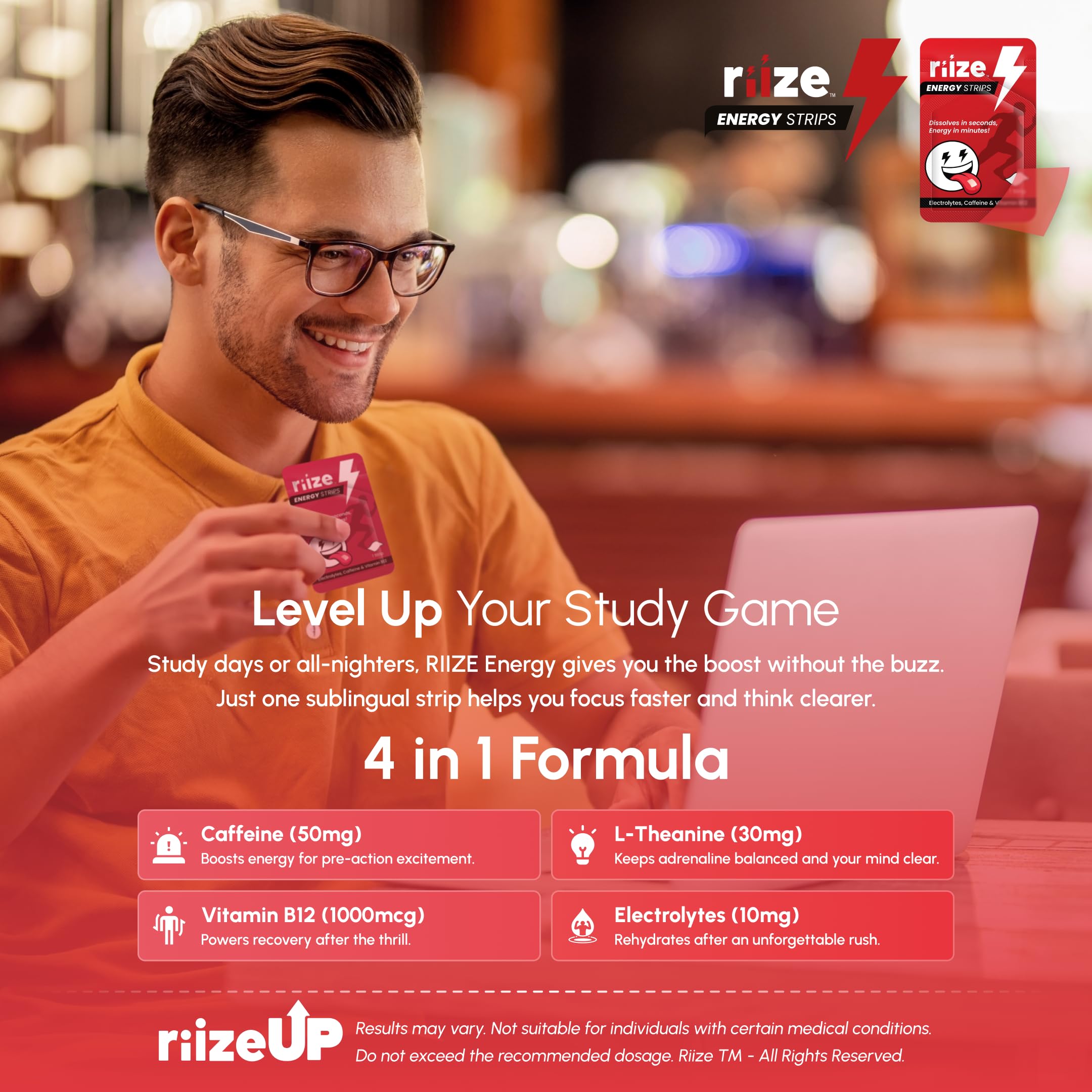 Nutritional profile of Riize Energy Strips ingredients: caffeine, L-Theanine, Vitamin B12