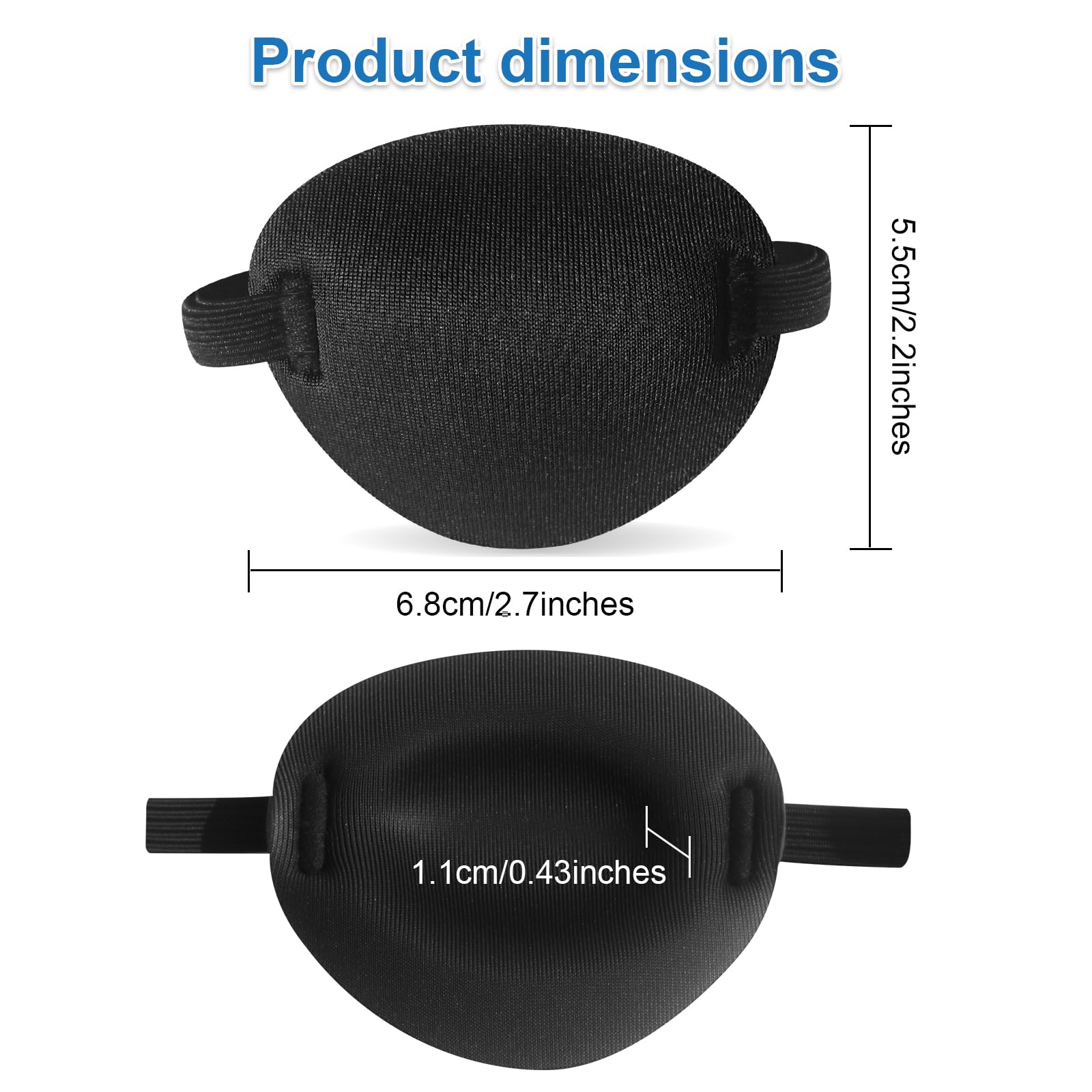 Eye patch dimensions 6.8 cm by 5.5 cm by 1.1 cm for left or right eye