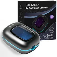 RILIZER UV Toothbrush Sanitizer Cover attached to a bathroom mirror with magnetic wall mount