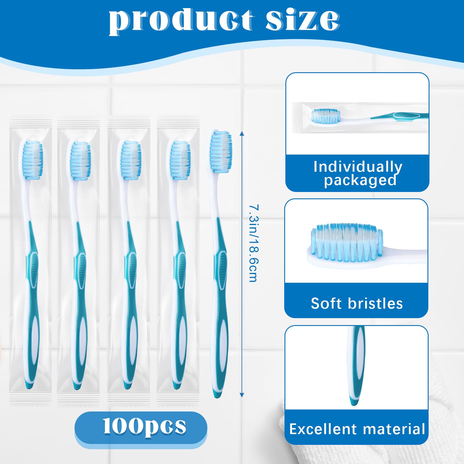 Individually wrapped prepasted toothbrushes (blue) in bulk pack