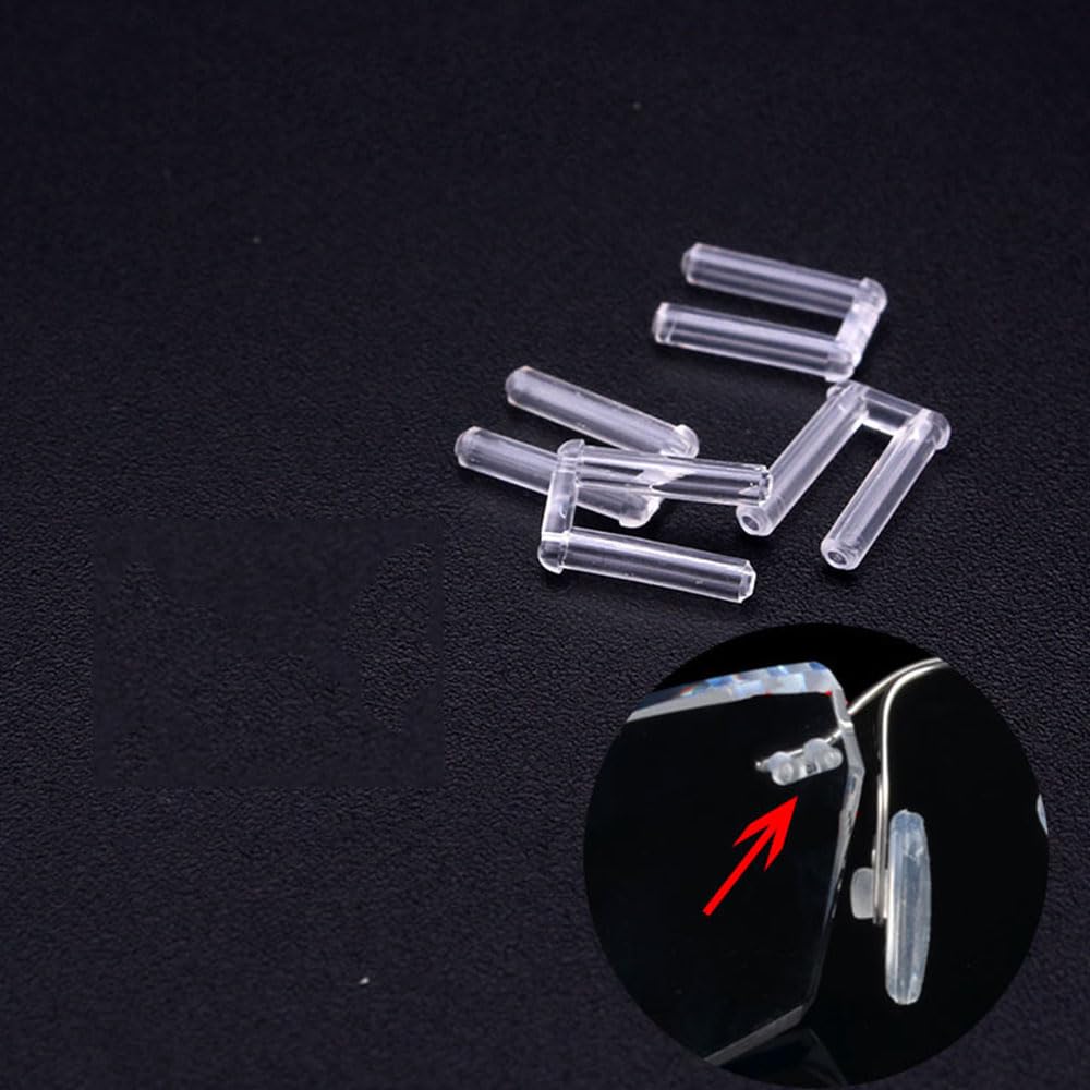 Close-up of rimless eyeglasses rubber plug components