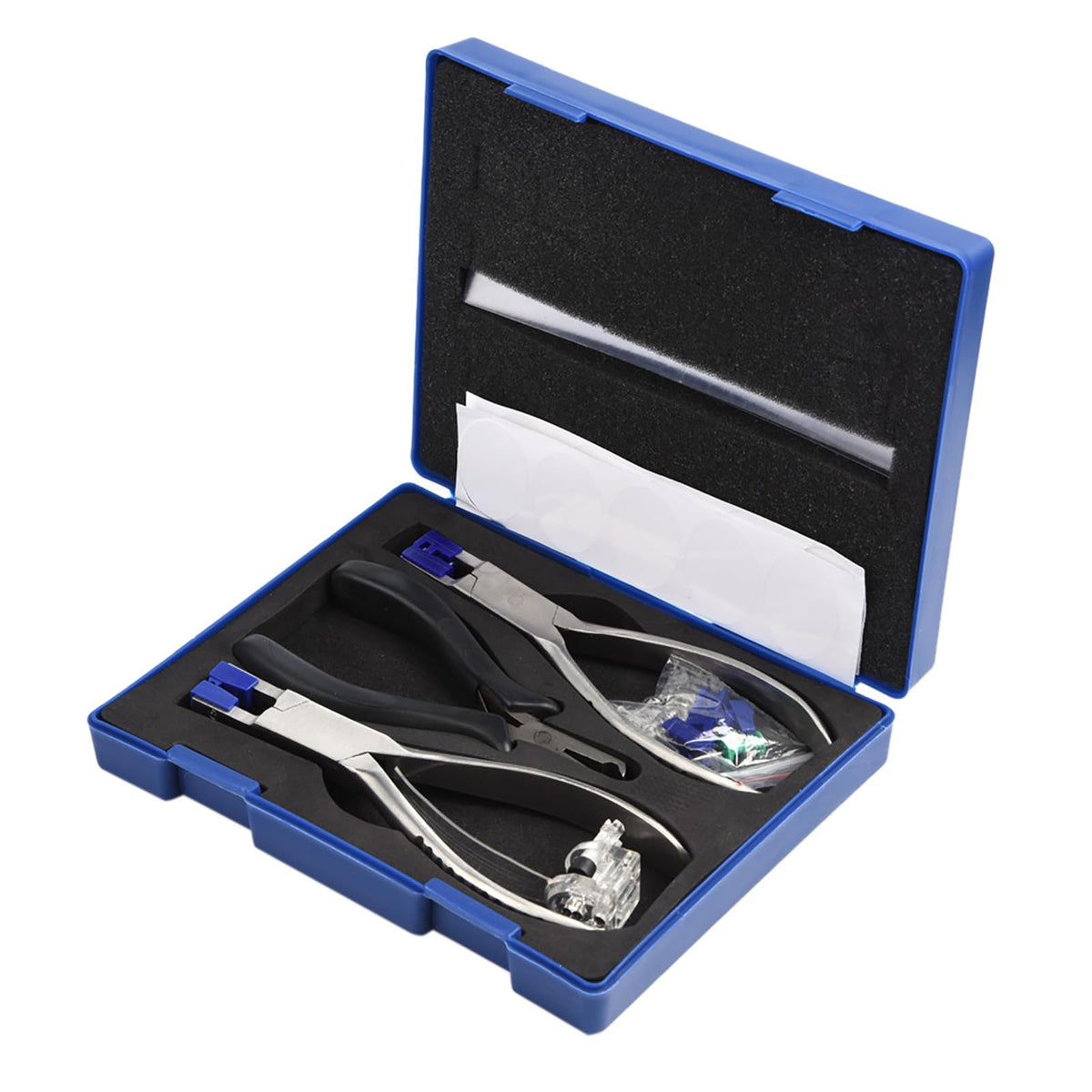 Rimless eyeglass repair kit in blue case