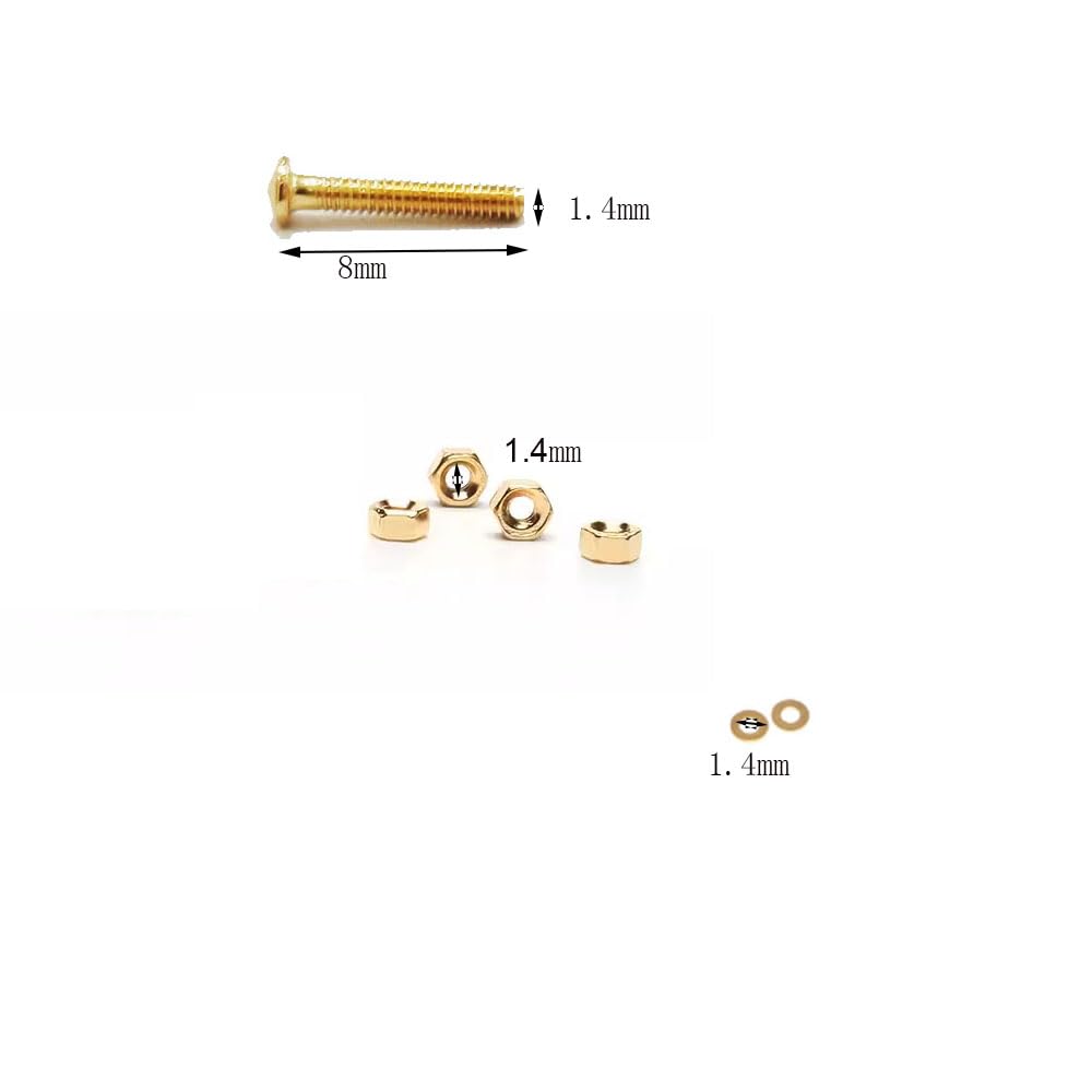Long screws, washers, nuts and caps for rimless glasses in gold