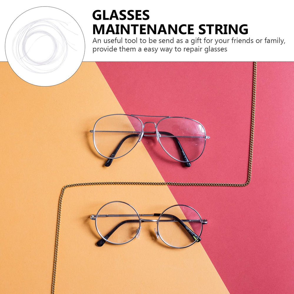 Close-up of repair string threading through rimless glasses