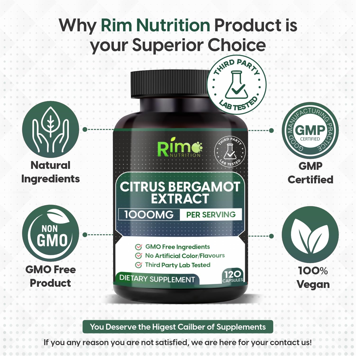 Supplement facts label for Rimo Nutrition Citrus Bergamot 1000mg.