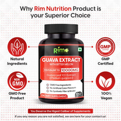 Rimo Nutrition ingredients panel features guava leaf extract and bitter melon in a natural blend