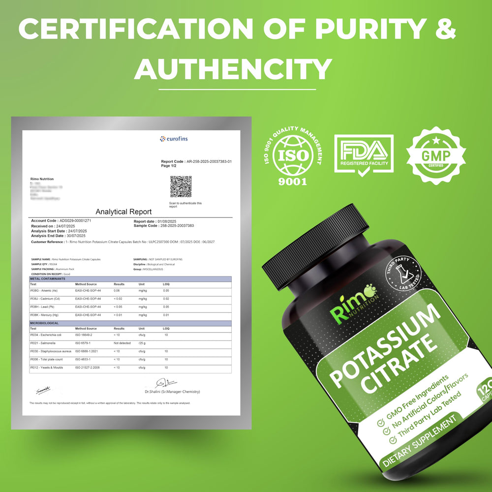 Serving size and ingredients overview for Rimo Nutrition Potassium Citrate 120 Servings