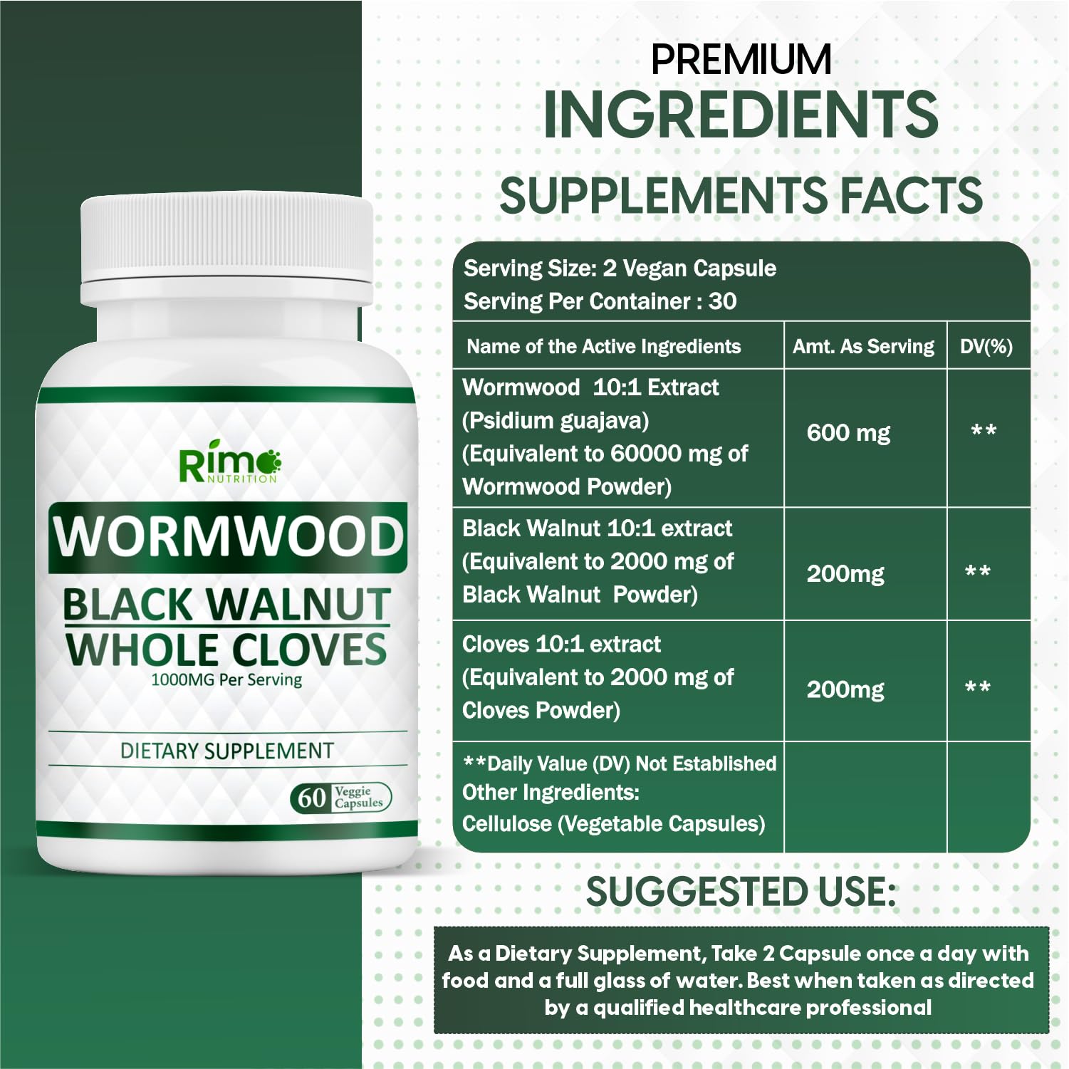Rimo Nutrition Wormwood Black Walnut Clove Capsules label and ingredients