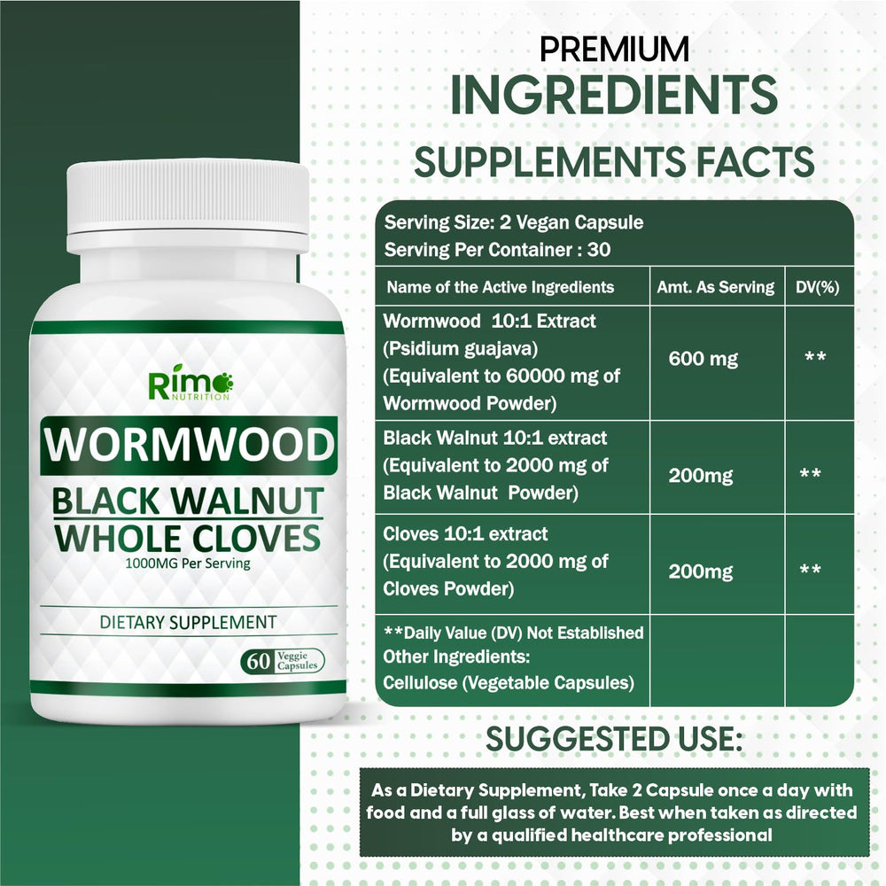 Rimo Nutrition Wormwood Black Walnut Clove Capsules label and ingredients