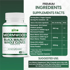 Rimo Nutrition Wormwood Black Walnut Clove Capsules label and ingredients