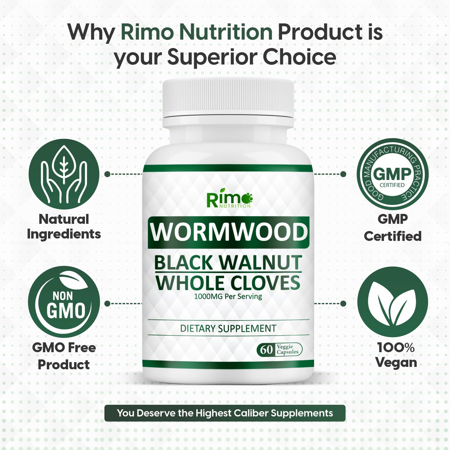 Close-up of Rimo Nutrition Wormwood Black Walnut Clove Capsules packaging