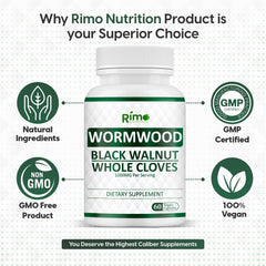 Close-up of Rimo Nutrition Wormwood Black Walnut Clove Capsules packaging