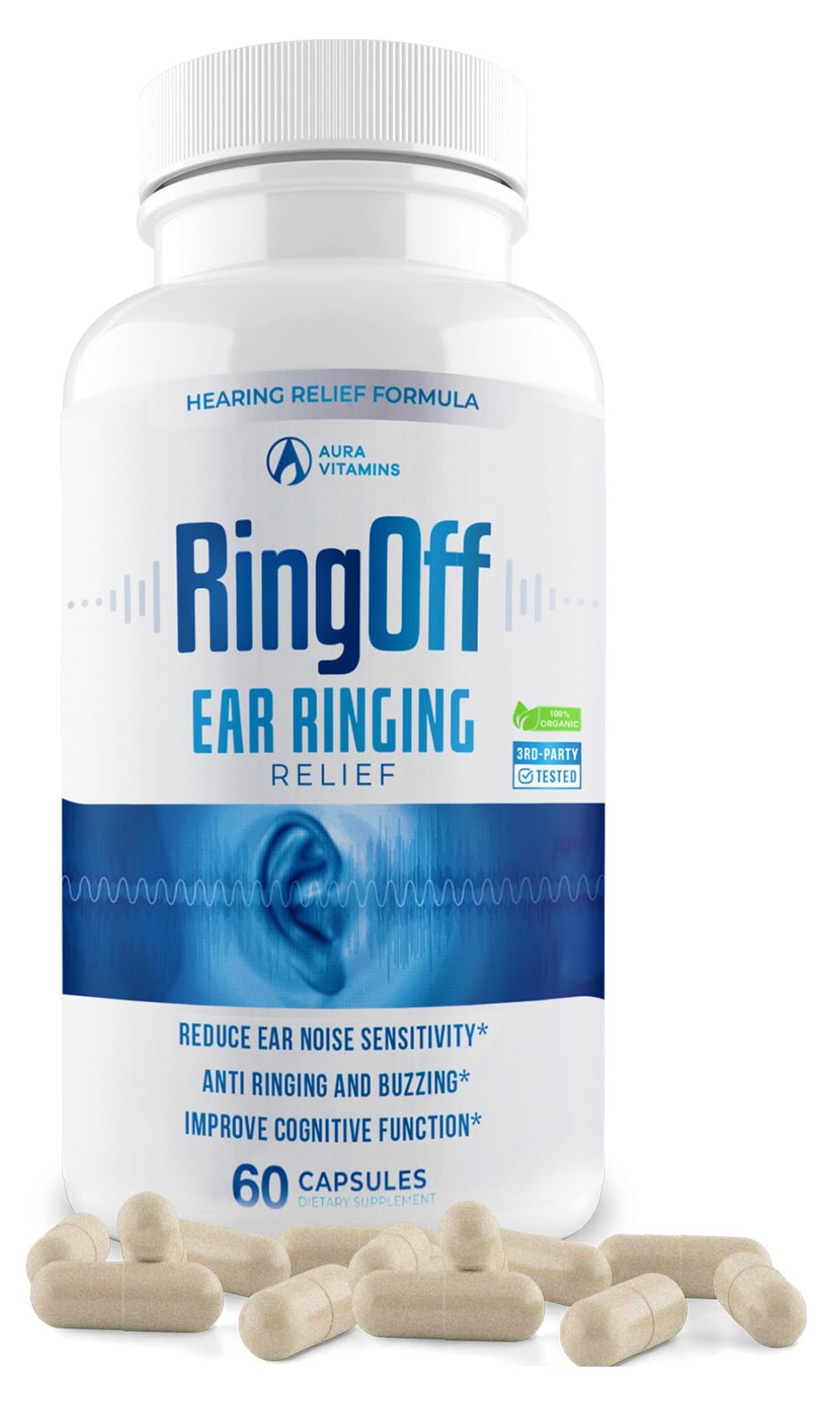 Ring Off bottle front view with 60 capsules