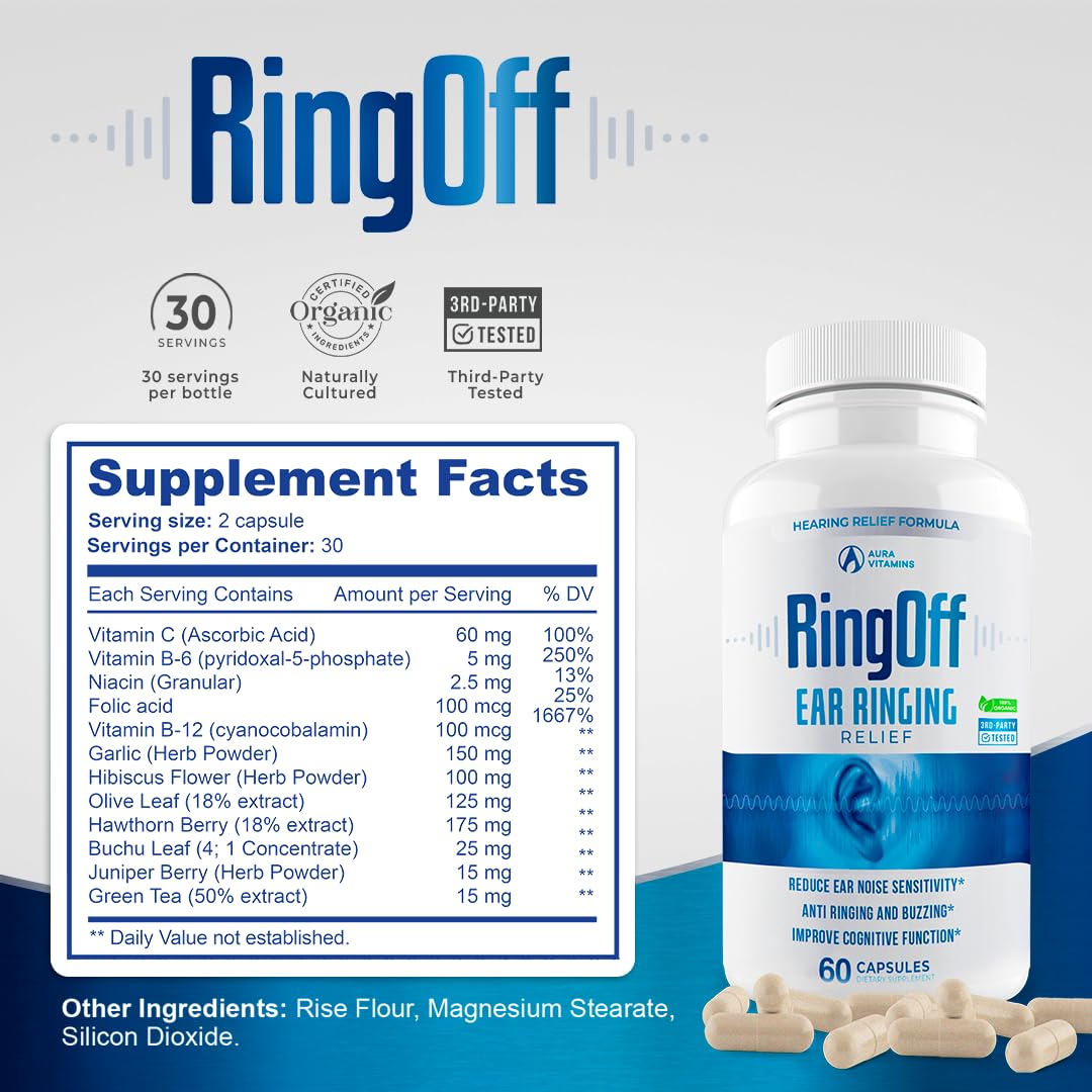 Usage instructions for Ring Off showing two capsules daily