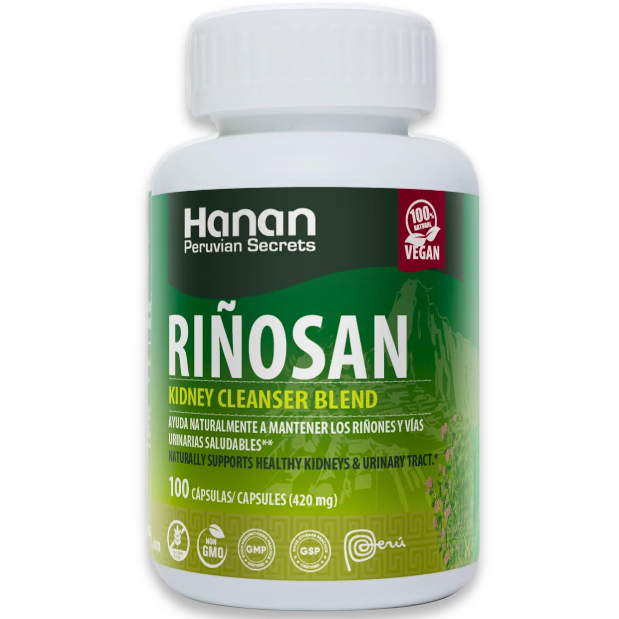 Riñosan herbal supplement bottle with 100 capsules label