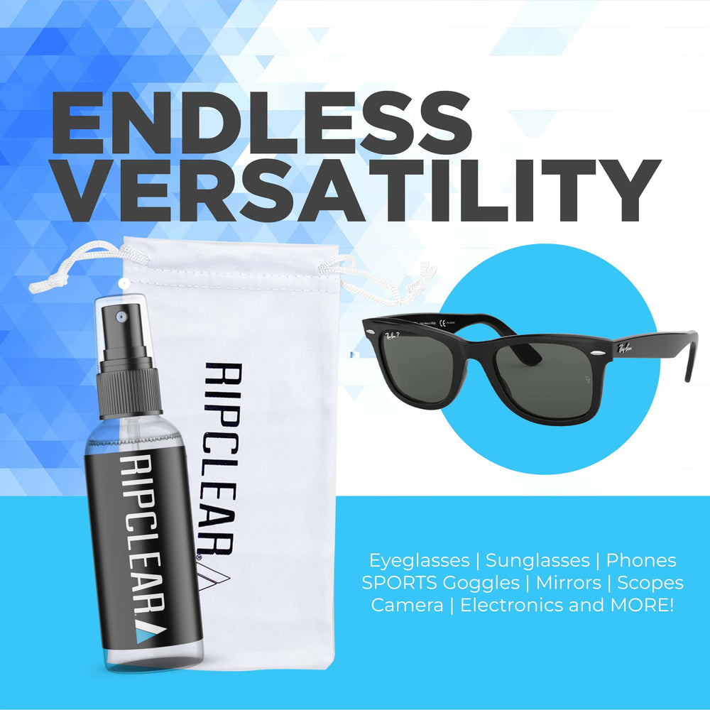 Sunglasses being cleaned with RIPCLEAR kit showing quick-dry formula