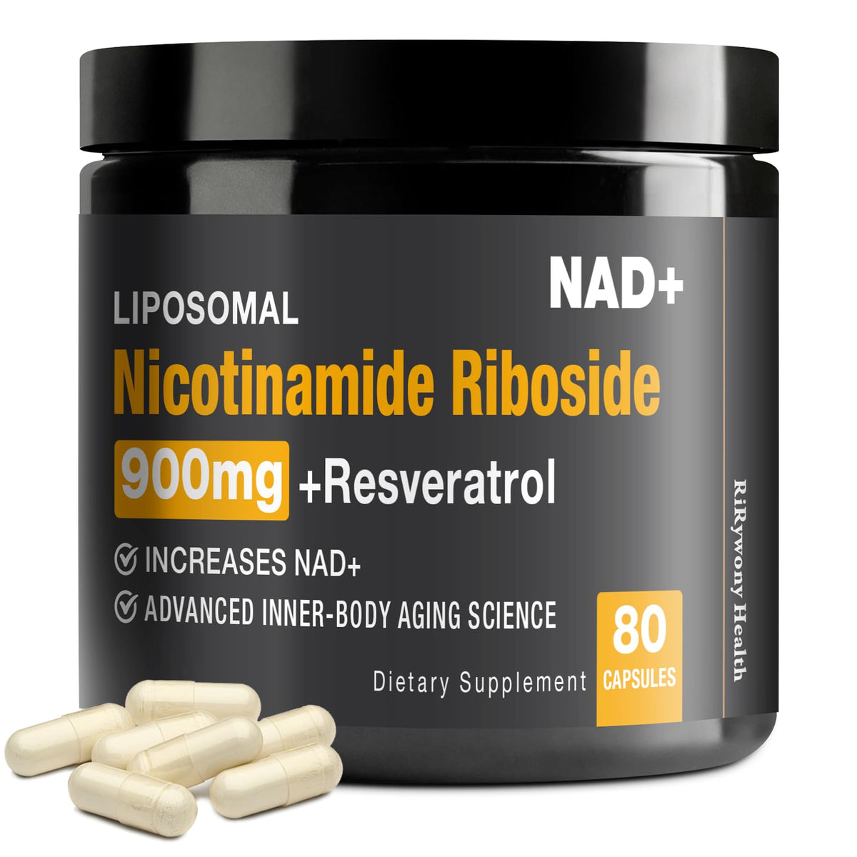 RiRywony NAD supplement bottle with NR and Resveratrol