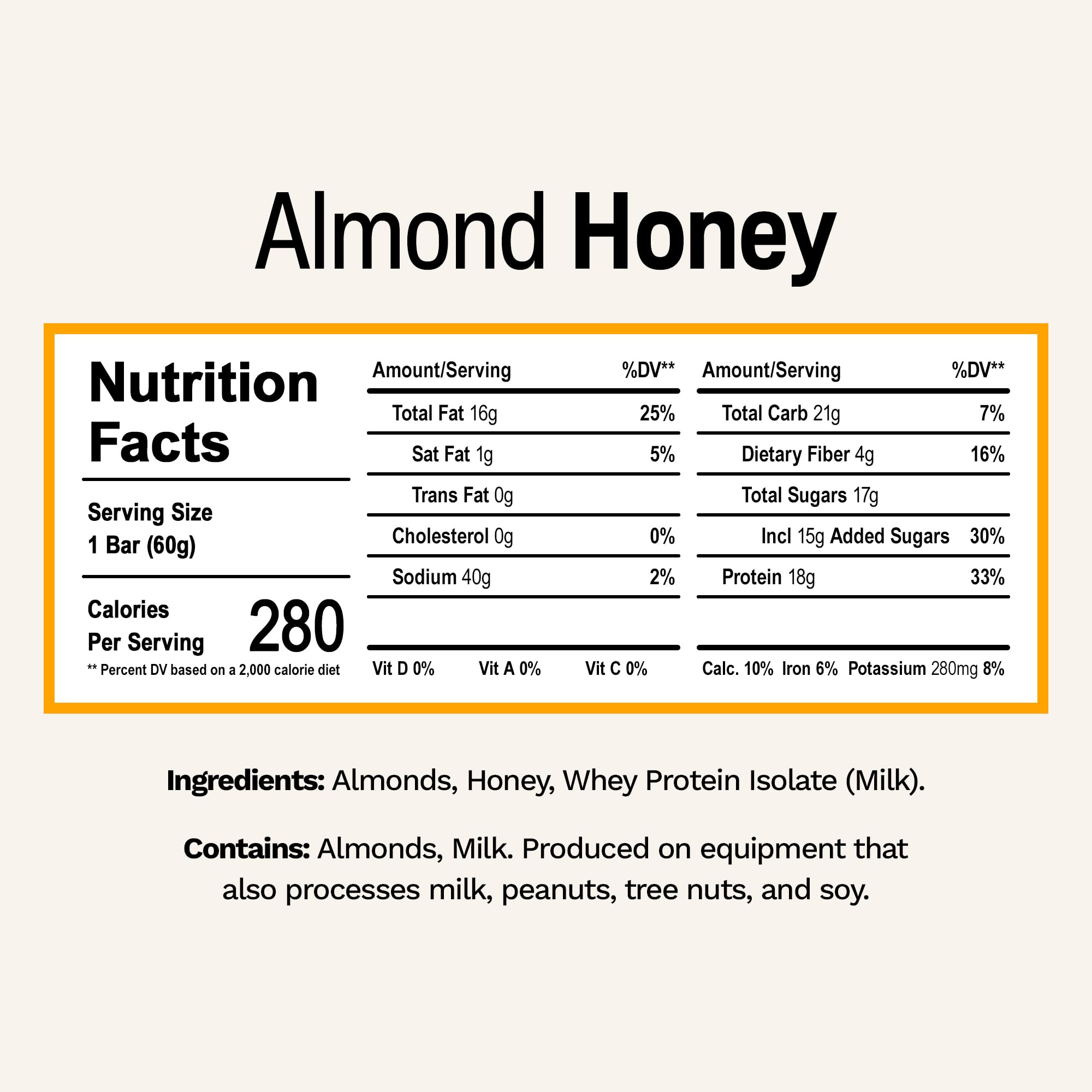 Rise Breakfast Whey Protein Bar Almond Honey 12-pack box – back panel