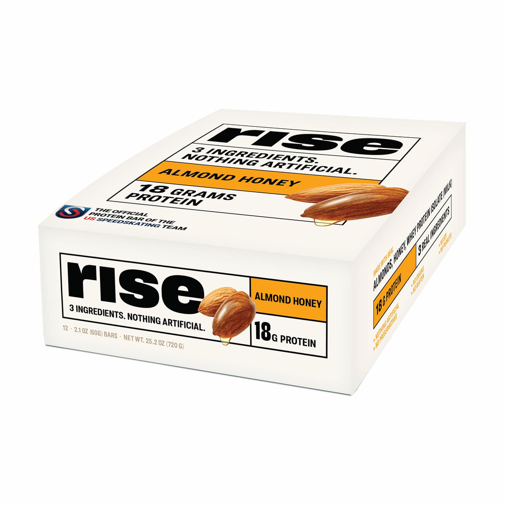 Rise Breakfast Whey Protein Bar Almond Honey 12-pack box – front view