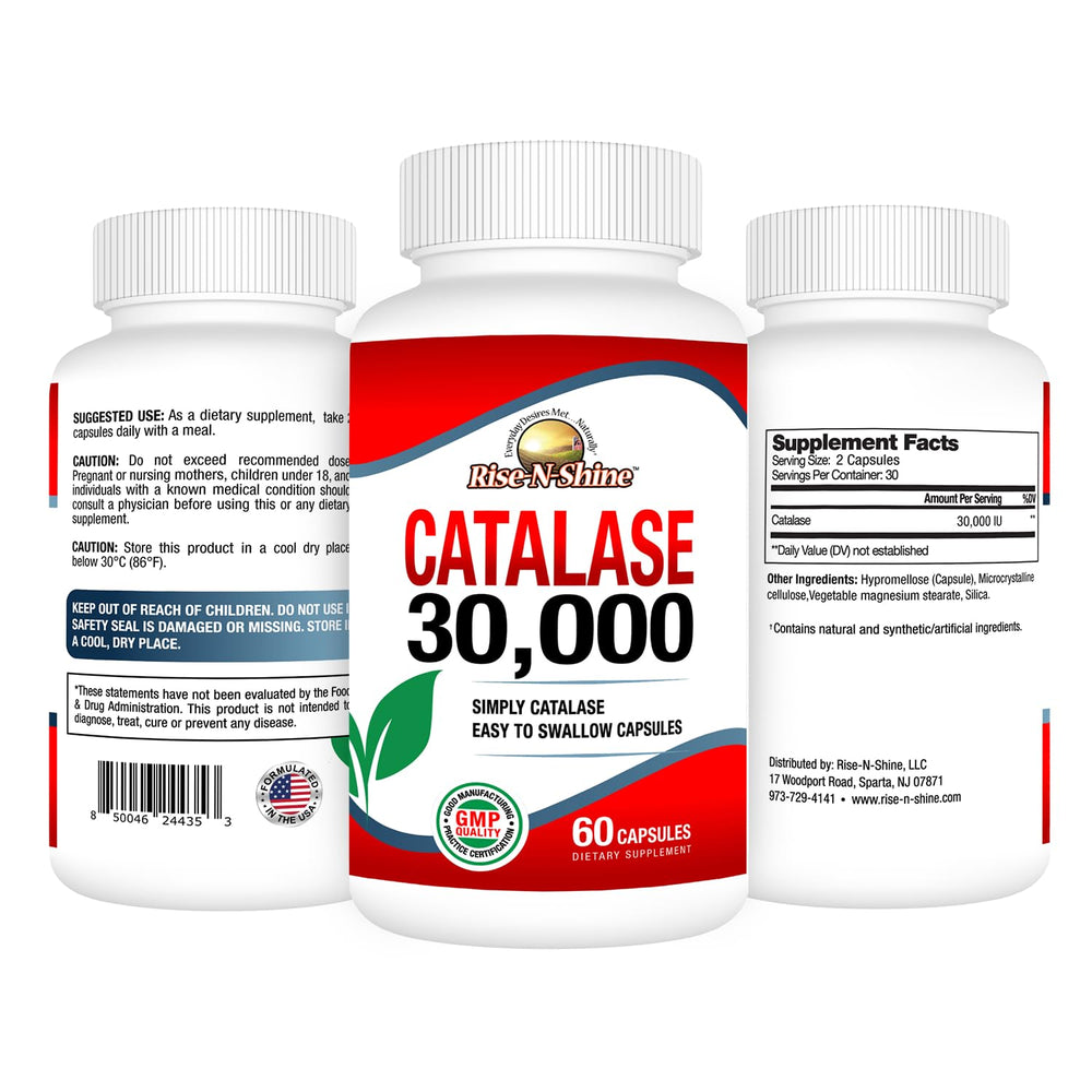 Rise-N-Shine Catalase 30,000 bottle label with capsules