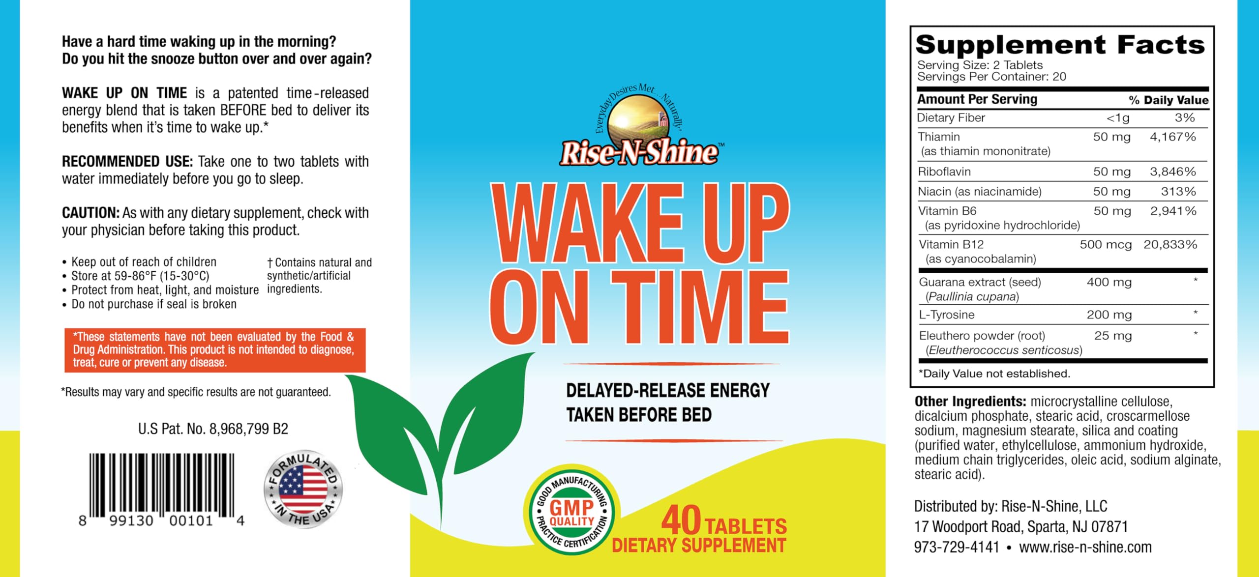 Rise-N-Shine Wake Up On Time bottle back highlights caffeine and vitamins for morning energy support