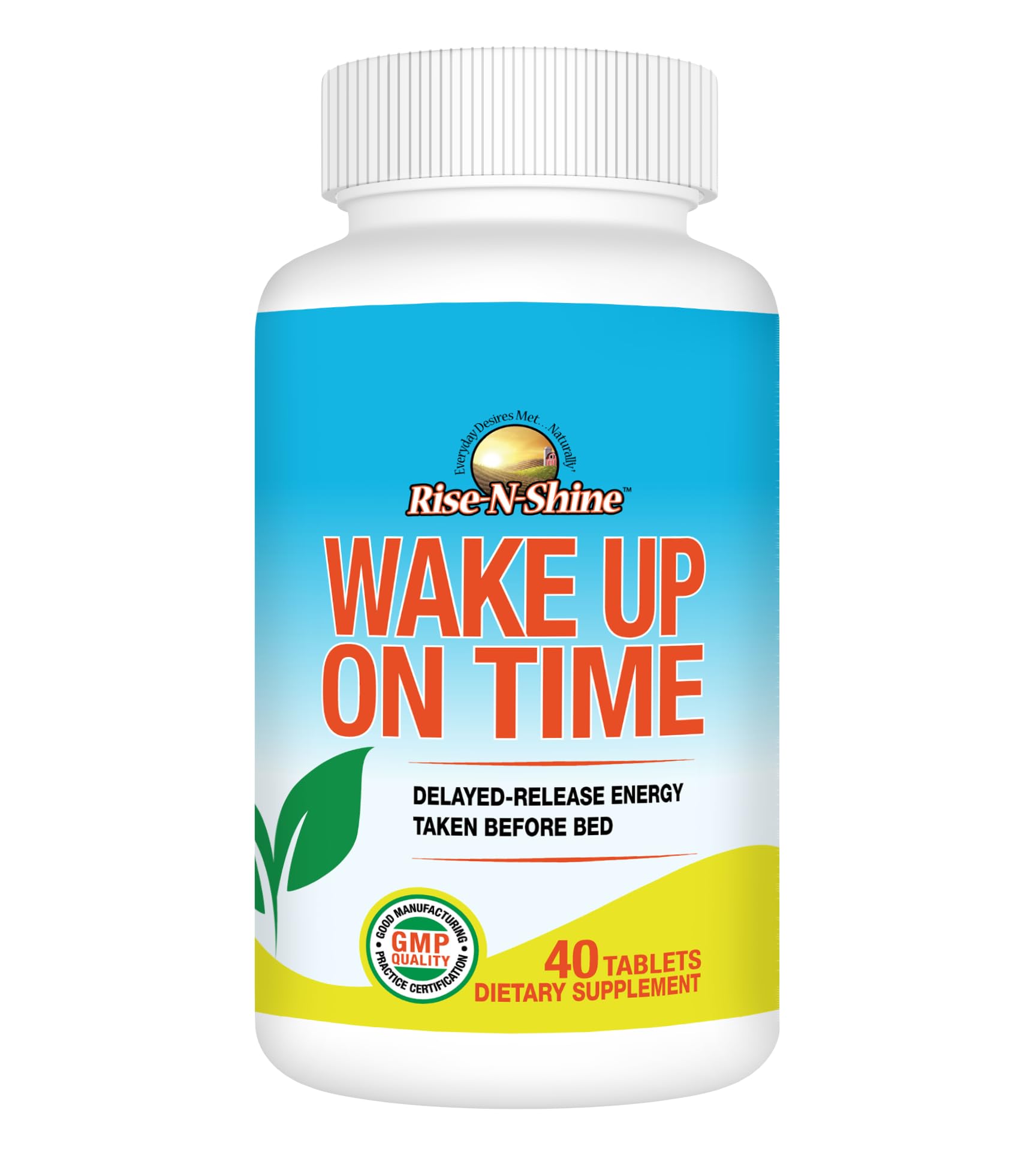 Rise-N-Shine Wake Up On Time bottle front for a ready-to-start morning